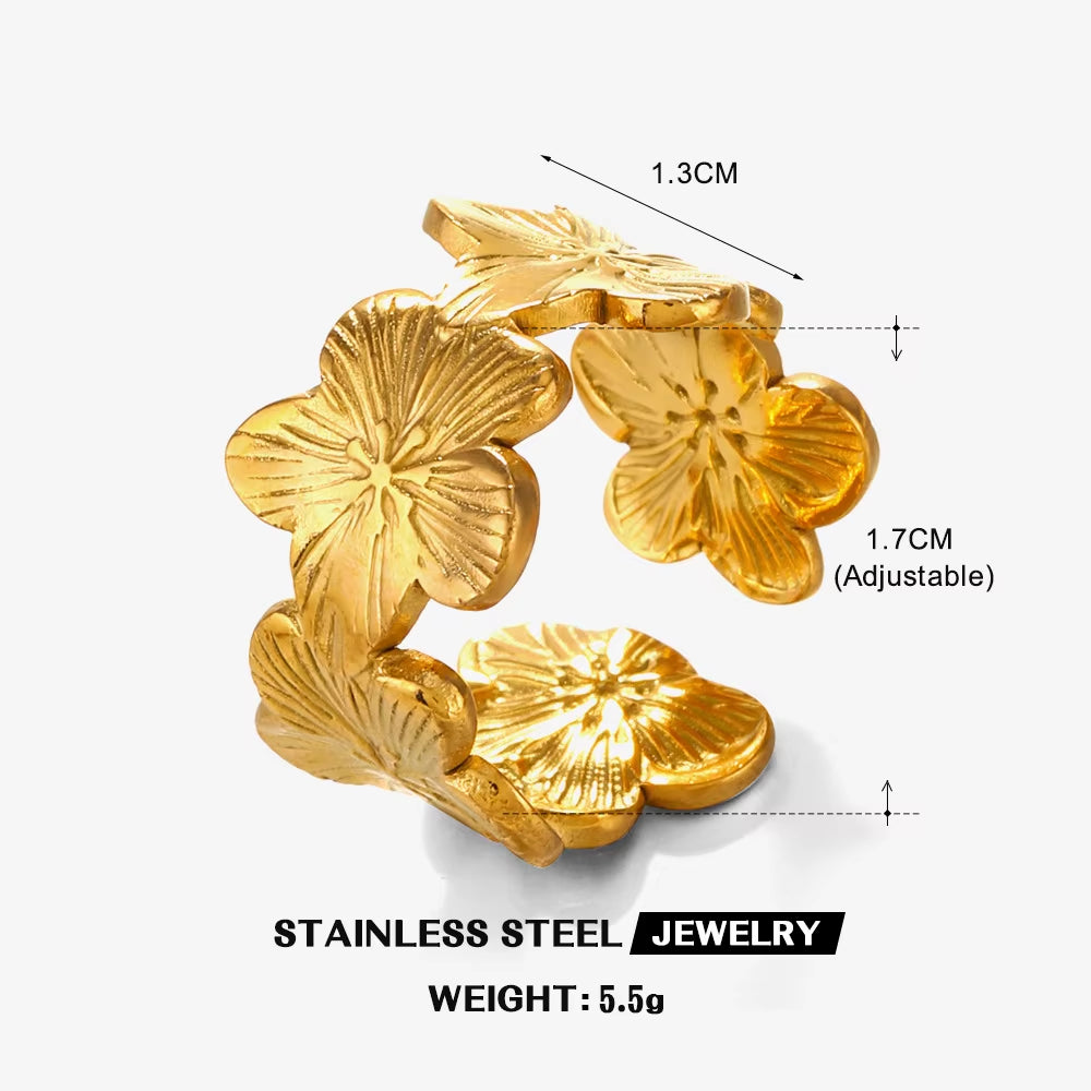 Stainless Steel Flower Adjustable Opening Rings 18K Gold PVD Plated Waterproof Finger Jewelry for Women Wedding Exquisite Gifts