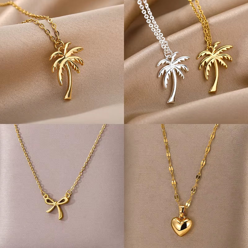 Coconut Palm Tree Necklace for Women Dainty Stainless Steel Palm Necklace Bohomian Jewelry Summer Ocean Beach Accessories