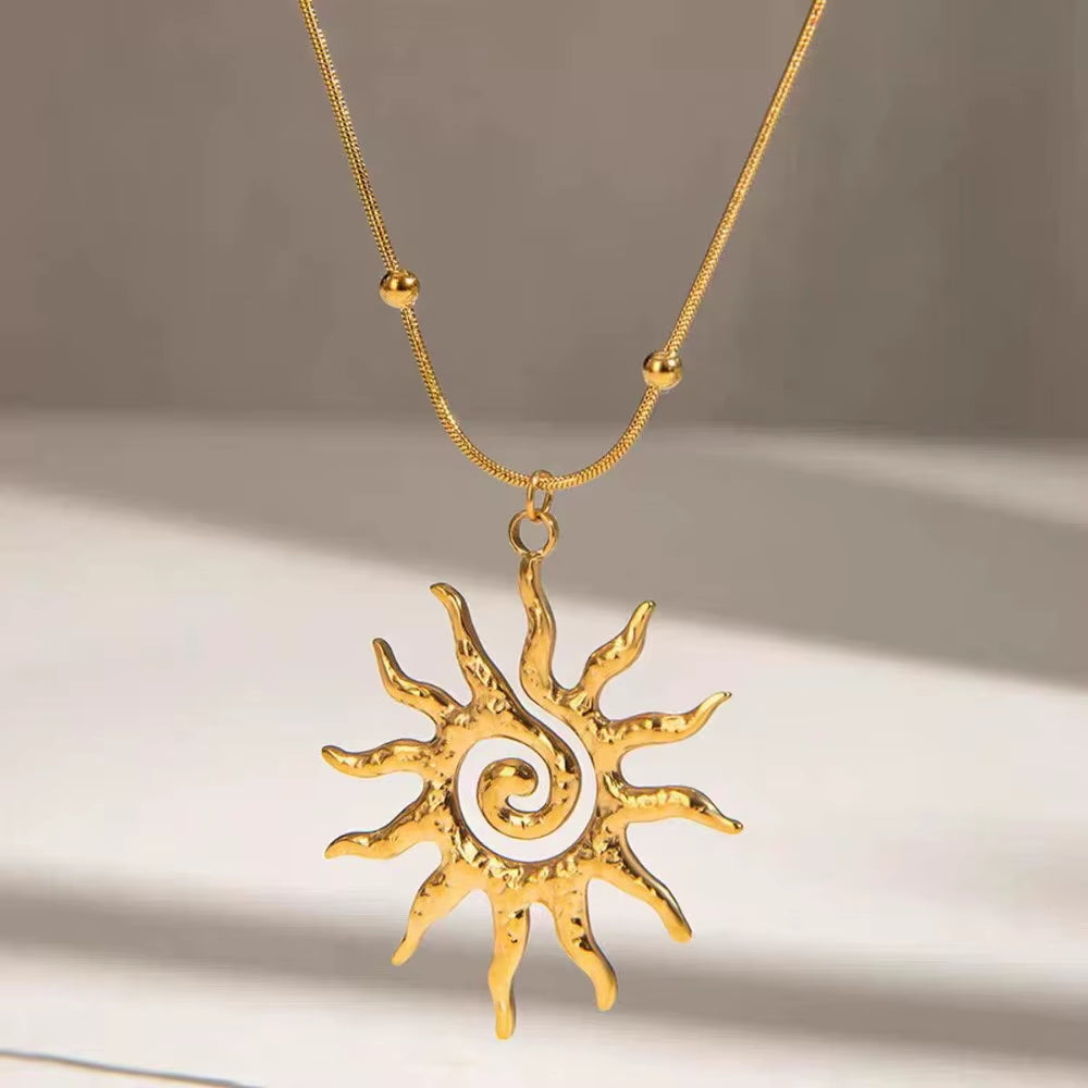 Fashion Vintage Chic Sun Shaped Pendant Necklace Stainless Steel Earrings Statement Golden Fashion Jewlery Accessories Gift