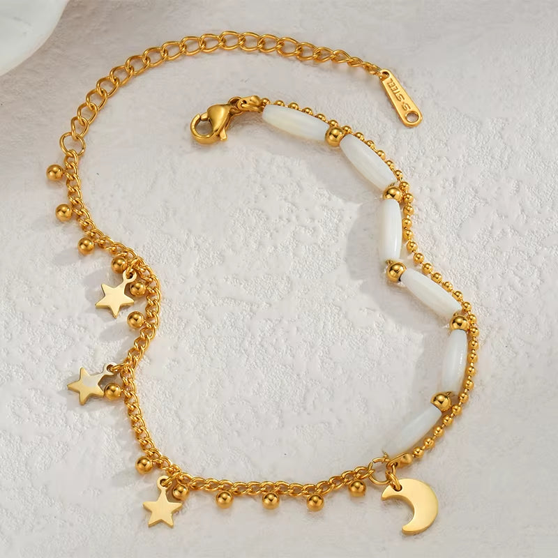 Popular Stainless Steel Star Moon Sparkling Zircon Bracelet Geometric Double Layer Bracelet Party Gift Fashion Women Jewelry