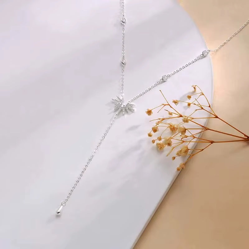 Stainless Steel Y-Shaped Pendant Necklace for Women Girls Elegant Fashion Cubic Zirconia Long Tassel Dangle Choker Jewelry Gifts