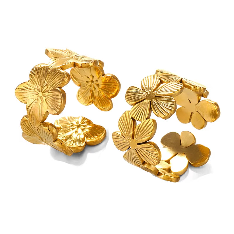 Stainless Steel Flower Adjustable Opening Rings 18K Gold PVD Plated Waterproof Finger Jewelry for Women Wedding Exquisite Gifts