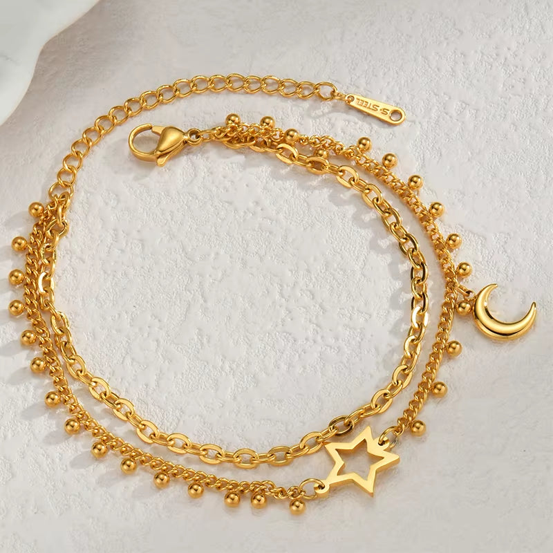 Popular Stainless Steel Star Moon Sparkling Zircon Bracelet Geometric Double Layer Bracelet Party Gift Fashion Women Jewelry