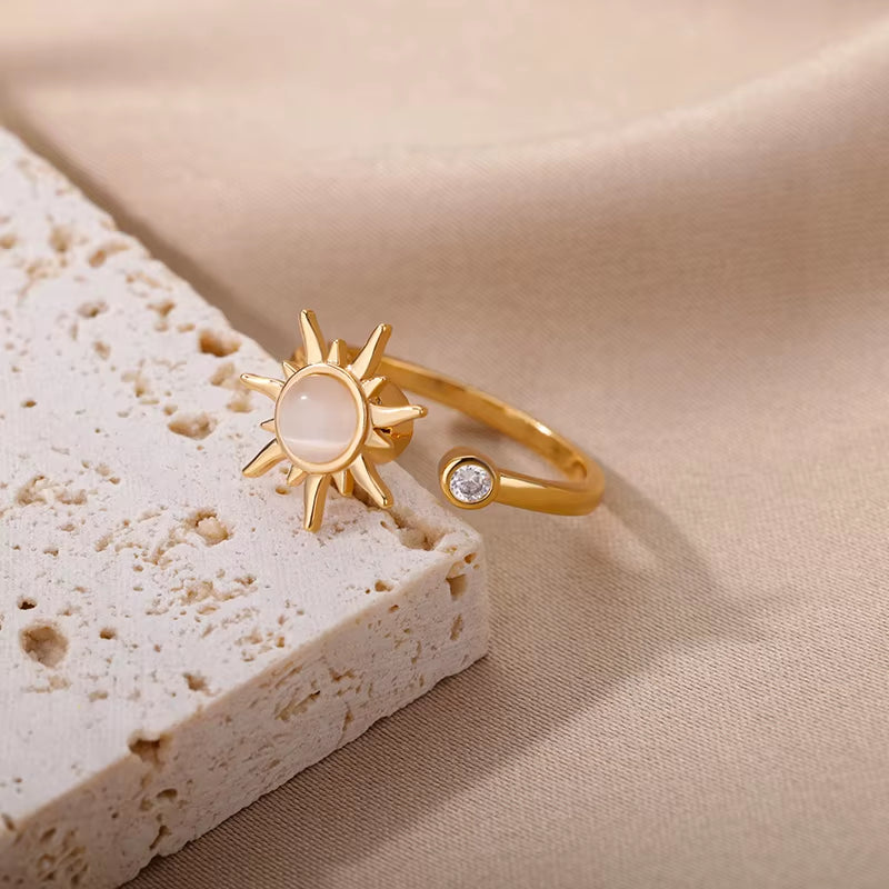 Rotating Sun Opal Ring for Women Stainless Steel Retro Charm Adjustable Open Rings Party Jewelry Best Friend Gift Bijoux Femme