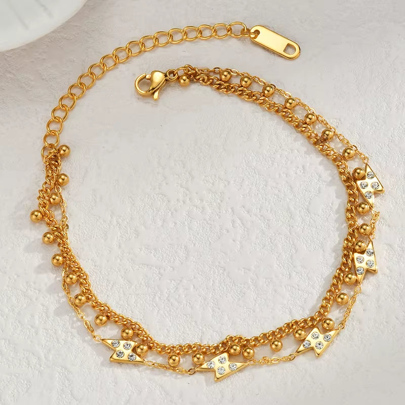 Popular Stainless Steel Star Moon Sparkling Zircon Bracelet Geometric Double Layer Bracelet Party Gift Fashion Women Jewelry