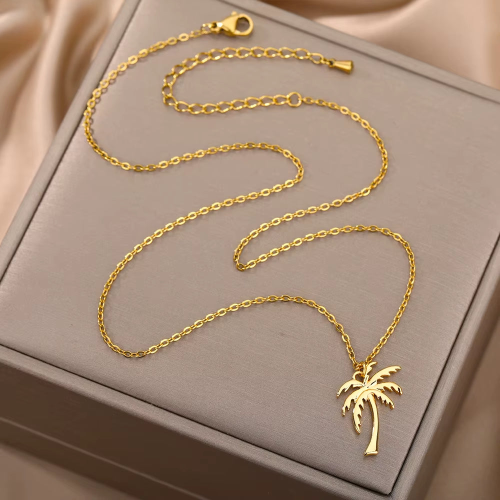 Coconut Palm Tree Necklace for Women Dainty Stainless Steel Palm Necklace Bohomian Jewelry Summer Ocean Beach Accessories