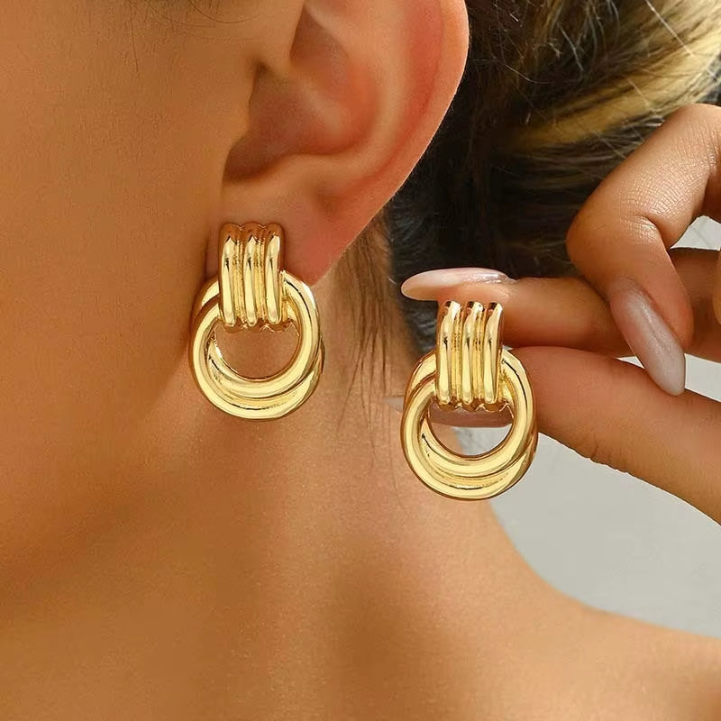 Fashion Stainless Steel Chunky Knot Earrings for Women Vintage Simple Multi-Layer Circle round Drop Earrings Punk Jewelry Gifts