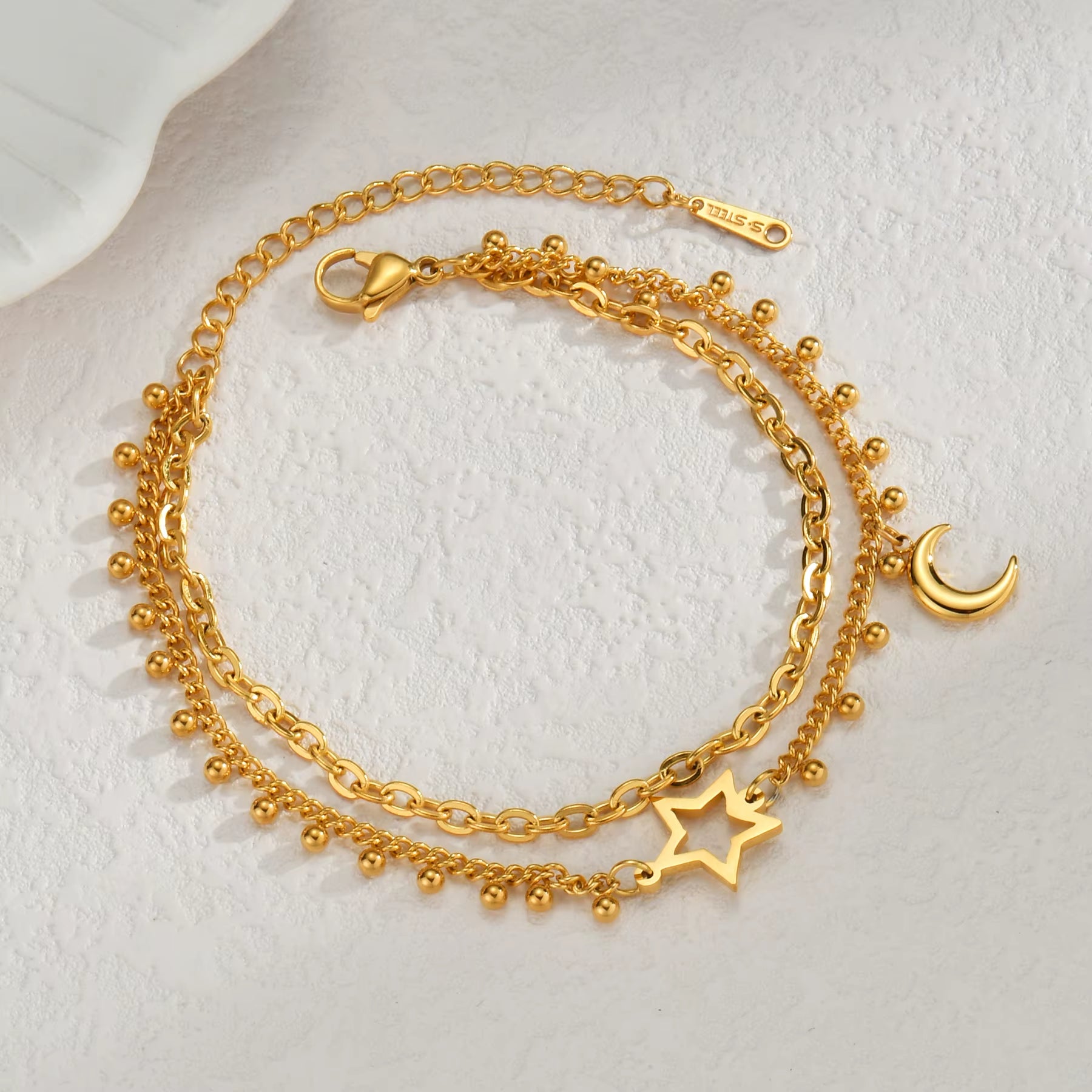 Popular Stainless Steel Star Moon Sparkling Zircon Bracelet Geometric Double Layer Bracelet Party Gift Fashion Women Jewelry