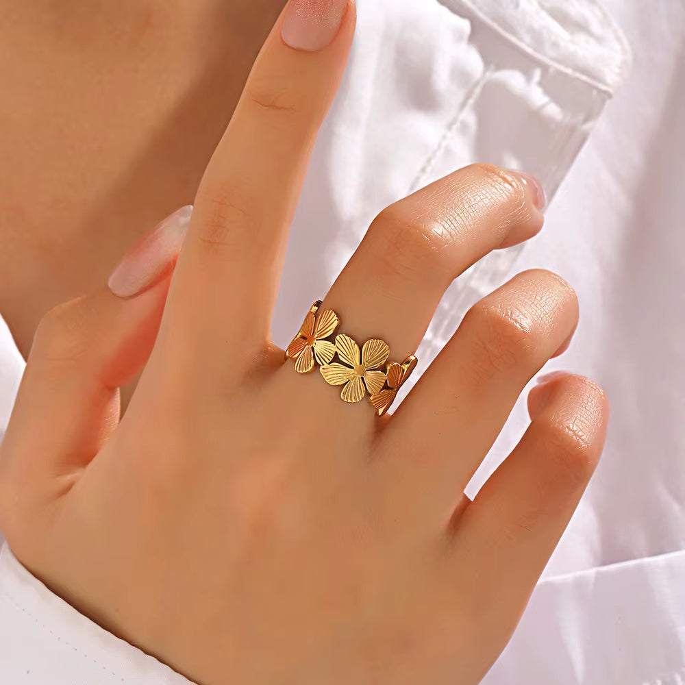 Stainless Steel Flower Adjustable Opening Rings 18K Gold PVD Plated Waterproof Finger Jewelry for Women Wedding Exquisite Gifts