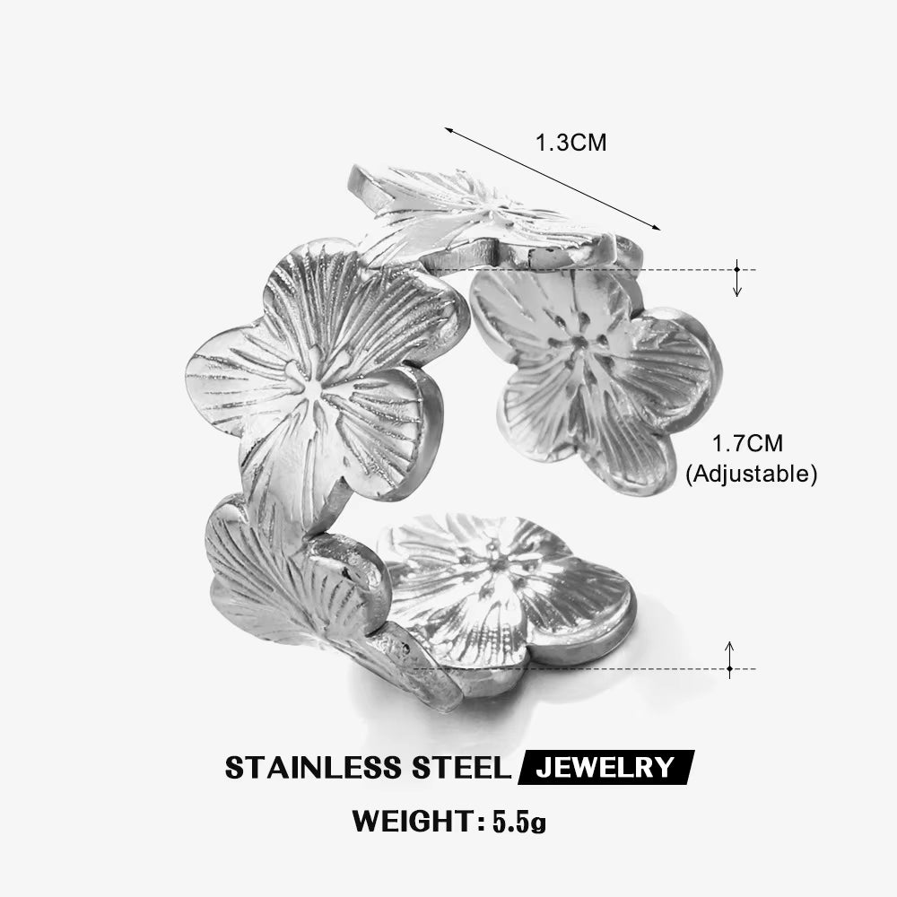 Stainless Steel Flower Adjustable Opening Rings 18K Gold PVD Plated Waterproof Finger Jewelry for Women Wedding Exquisite Gifts