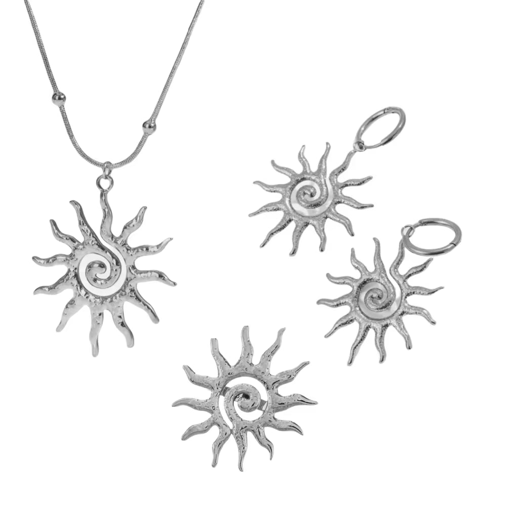 Fashion Vintage Chic Sun Shaped Pendant Necklace Stainless Steel Earrings Statement Golden Fashion Jewlery Accessories Gift