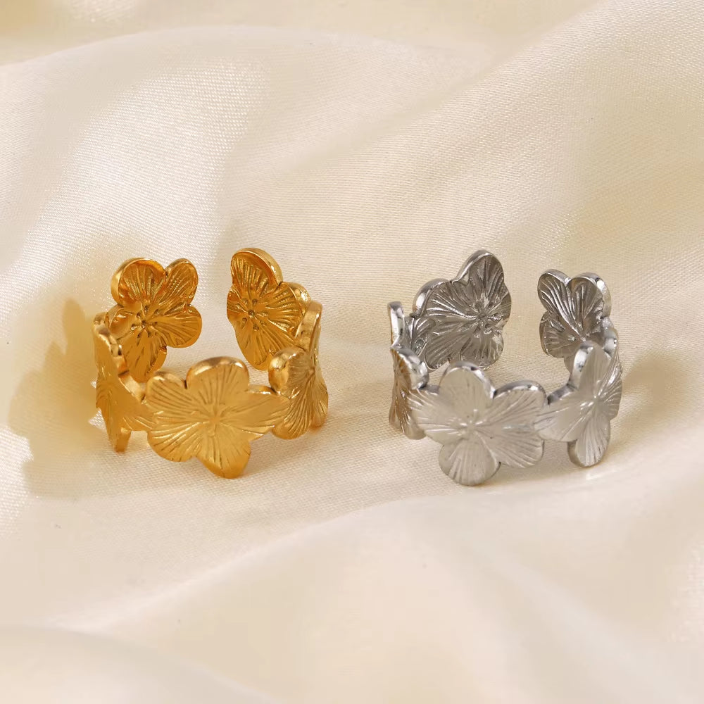 Stainless Steel Flower Adjustable Opening Rings 18K Gold PVD Plated Waterproof Finger Jewelry for Women Wedding Exquisite Gifts