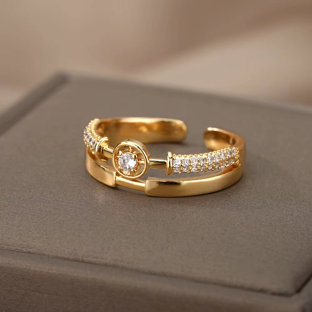 Fashion Star Rings for Women Stainless Steel Gold Color Zircon round Irregular Adjustable Ring Femme Wedding Jewelry Gift Bff