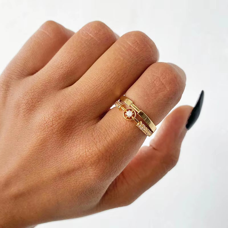 Fashion Star Rings for Women Stainless Steel Gold Color Zircon round Irregular Adjustable Ring Femme Wedding Jewelry Gift Bff