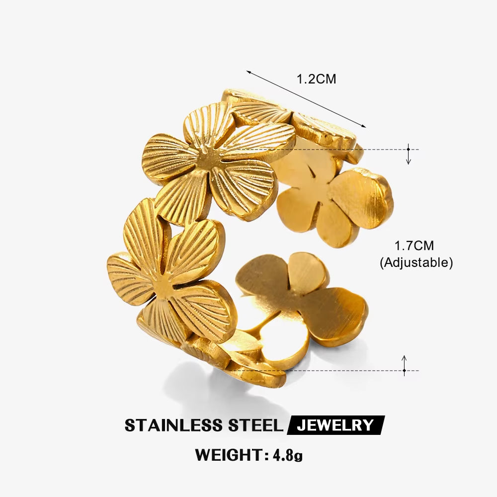 Stainless Steel Flower Adjustable Opening Rings 18K Gold PVD Plated Waterproof Finger Jewelry for Women Wedding Exquisite Gifts